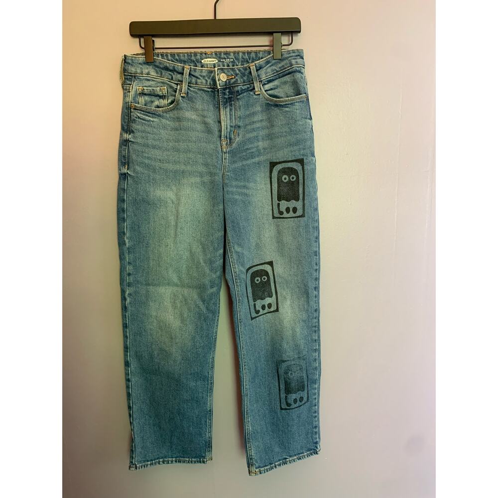 Old Navy slim wide‎ leg high-rise size 6 with hand-made art ghost print